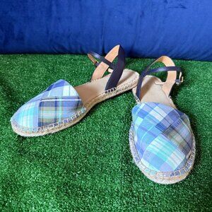 Talbots Size 9.5 Izzy D'Orsay Espadrilles Raffia Blue Madras Plaid Shoes Sandals